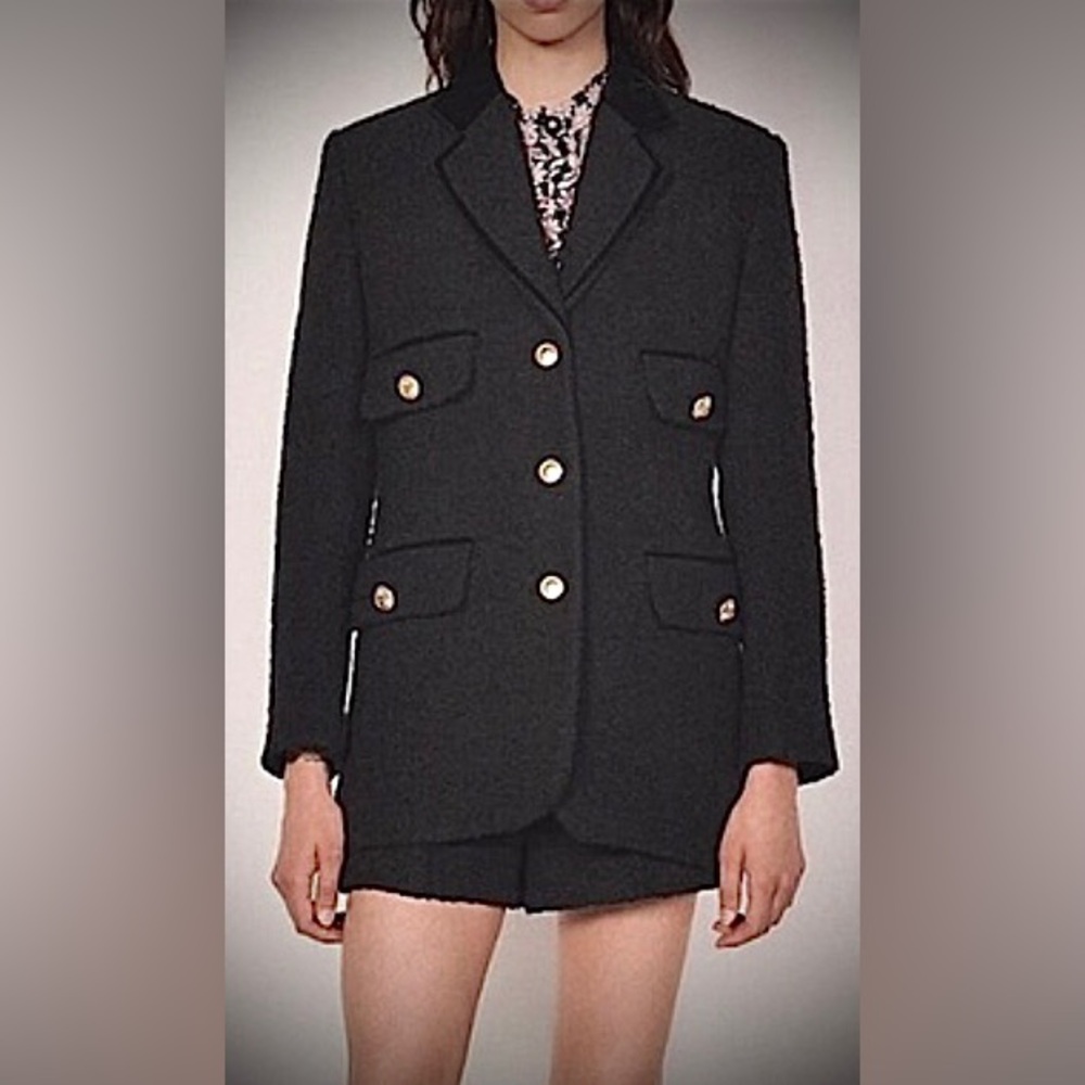 Sandro Nikita Tweed Blazer Jacket Velour Wedge Collar Black FR. Size 36 = US 2